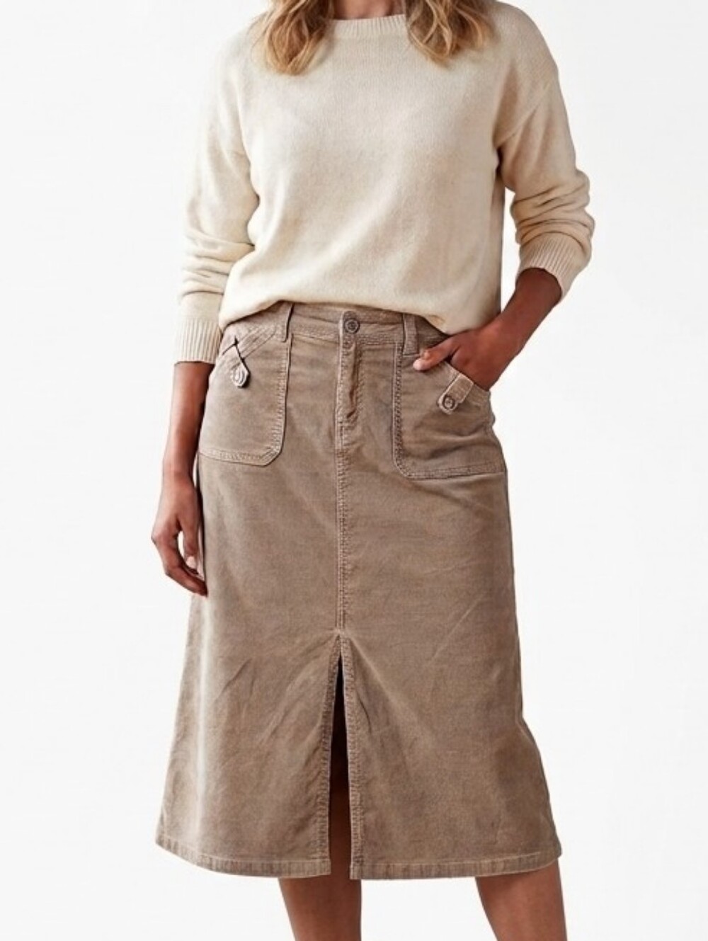 Vtg 90s Y2K Old Navy Fine-wale Corduroy Skirt 12 Fits Waist 30 Beige Midi Soft